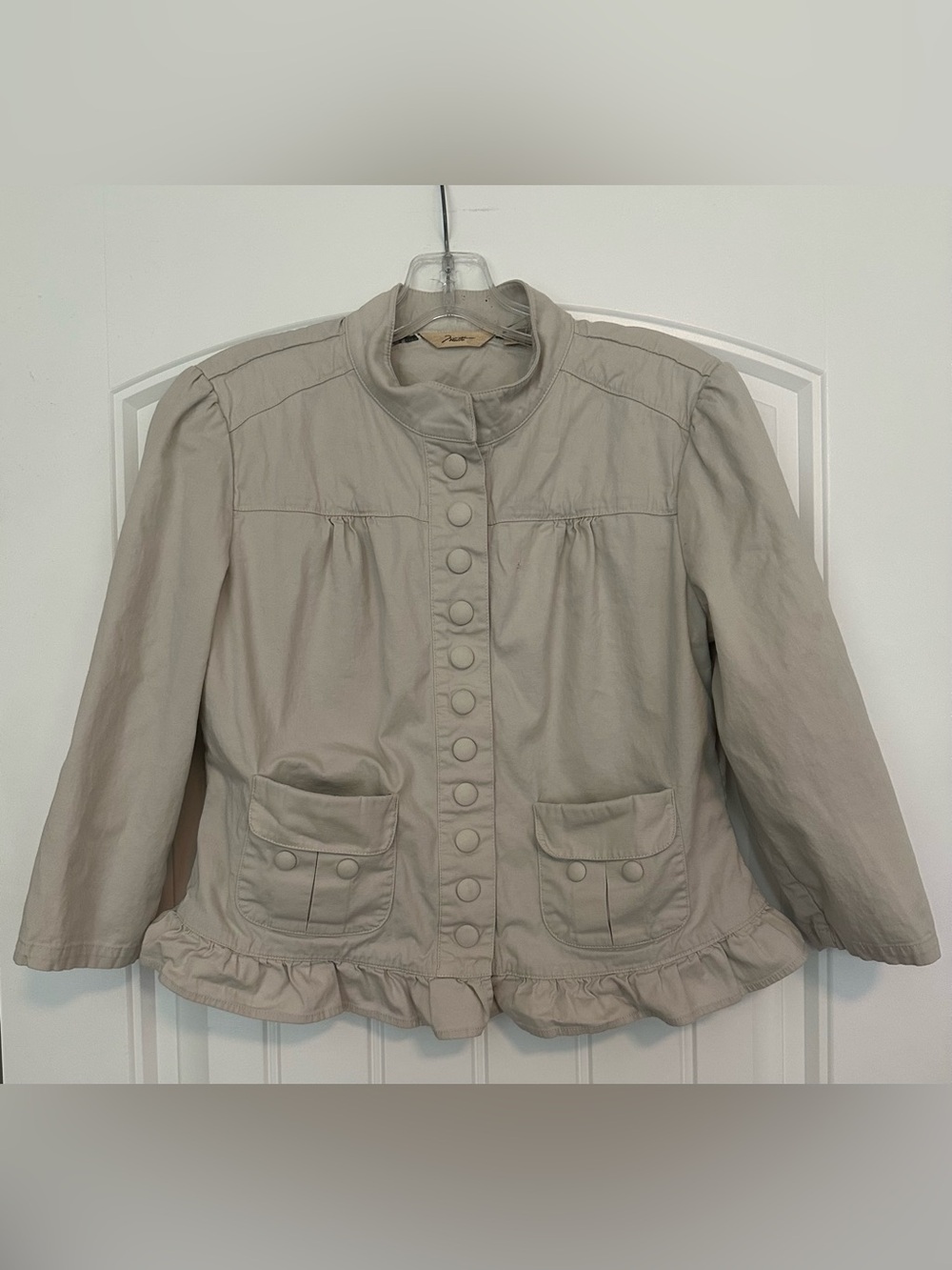 Motto Khaki Cropped Utility Flared Spring Jacket with Ruffle